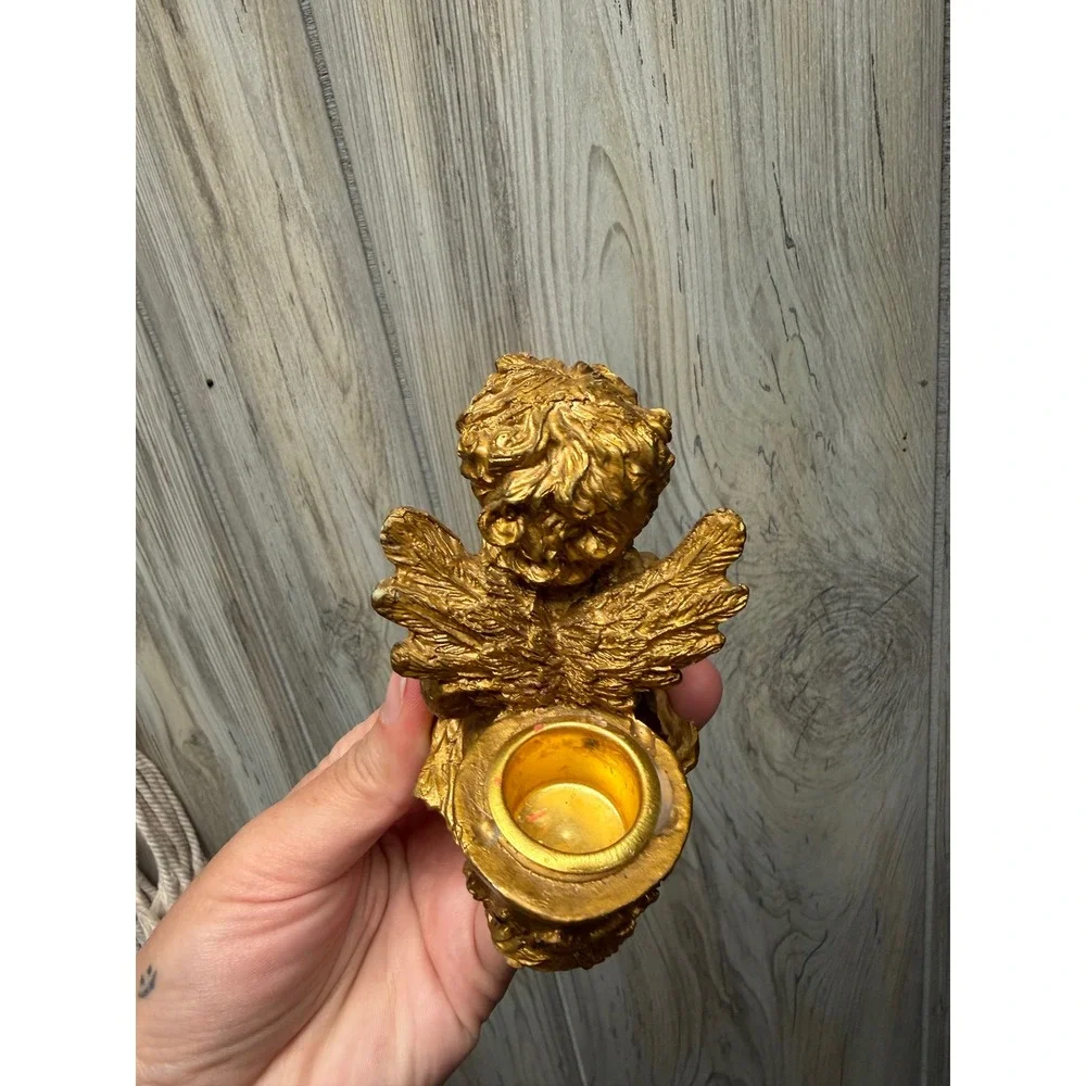 Vintage Gold Cherub Angel Figurine Small Taper Candle Holder Decorative Statue